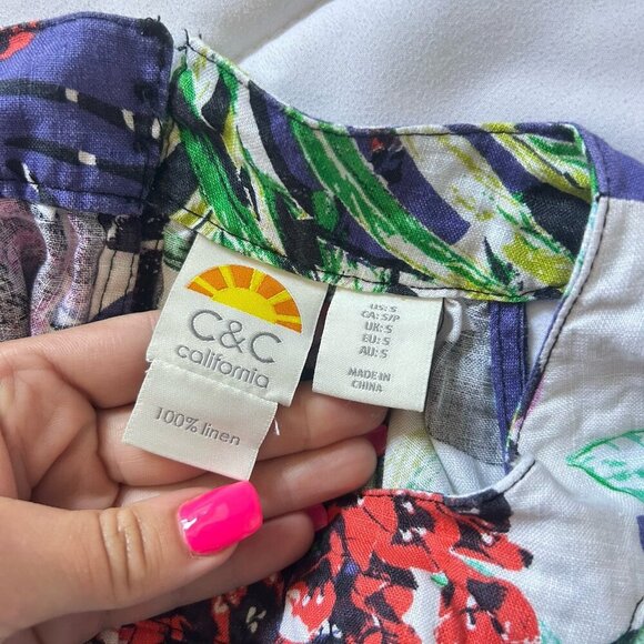 C&C California Womens S 100% Linen Sleeveless Dress Tropical Palm Floral Halter - Picture 7 of 7